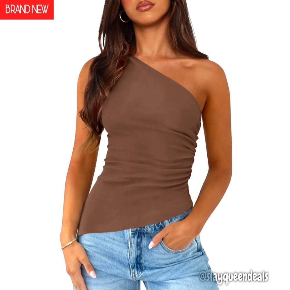 One Shoulder Ruched Knit Tank Top, Asymmetrical Sleeveless Y2k Top